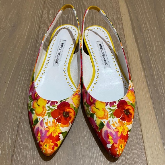 MANOLO BLAHNIK ALLURA FLORAL SLINGBACK FLAT - Picture 1 of 5